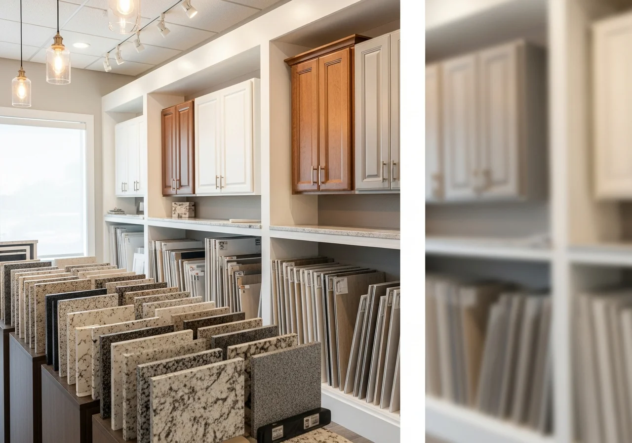 Showroom display of kitchen cabinets, countertops, and bathroom vanities with flooring samples.