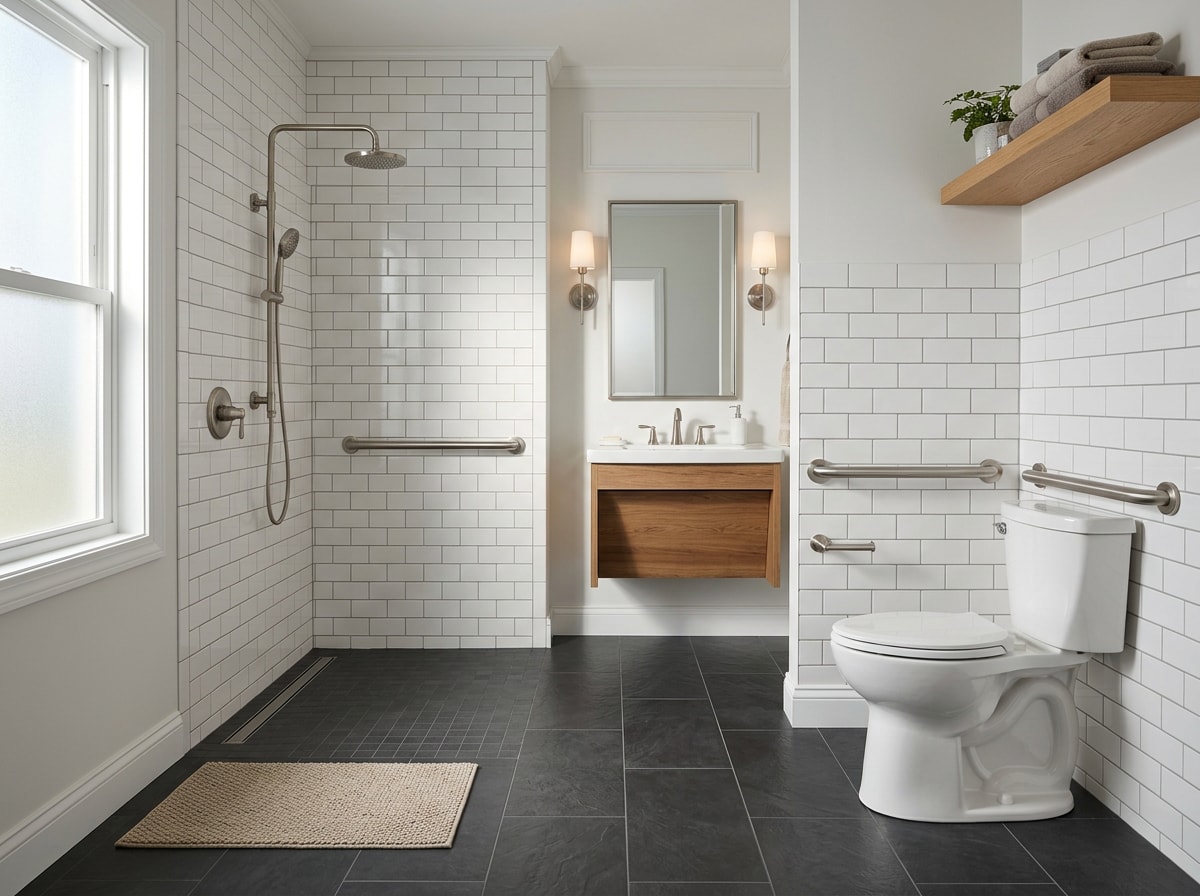 Accessible bathroom with curbless walk-in shower and grab bars installed for aging in place