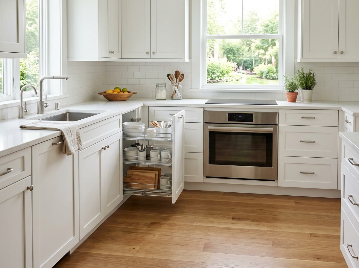Accessible kitchen layout with lowered counters and pull-out shelving