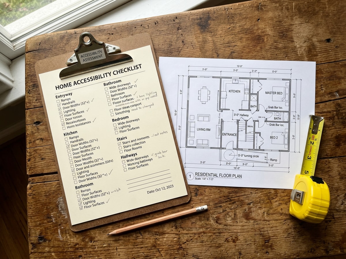 Checklist and floor plan used to plan a home safety assessment for aging in place