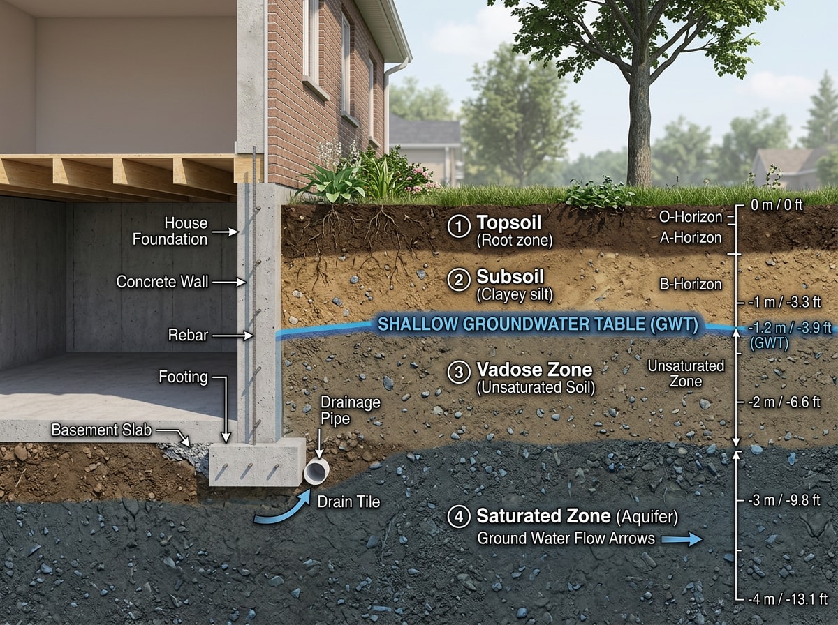 Diagram showing shallow water table depth in Miami Springs compared to safe basement excavation depth