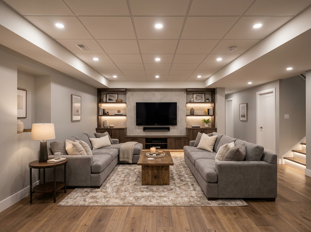 Finished basement living space with comfortable seating and recessed lighting