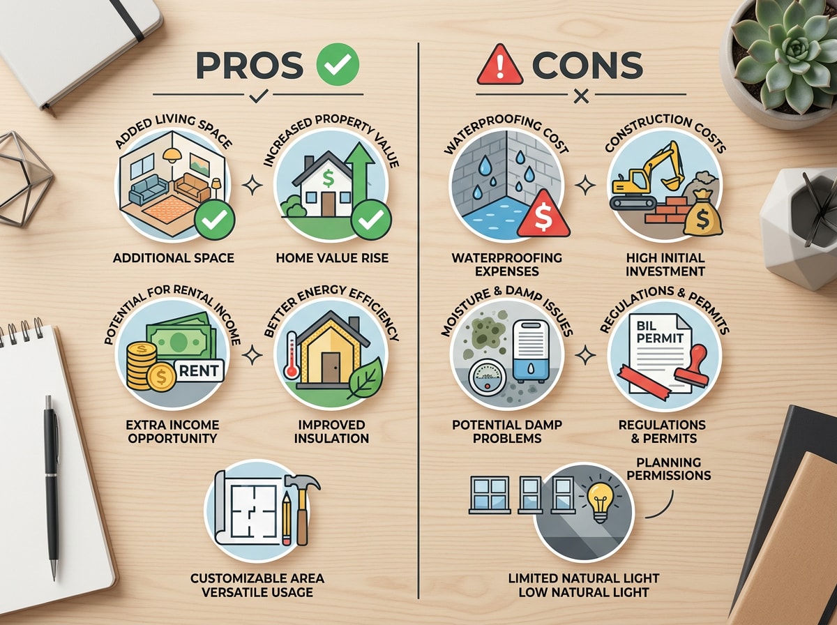 Simple comparison graphic showing pros and cons of basement conversions in Florida homes