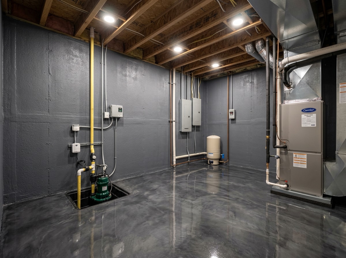 Below-grade mechanical room in a South Florida home finished with waterproofed walls and new lighting