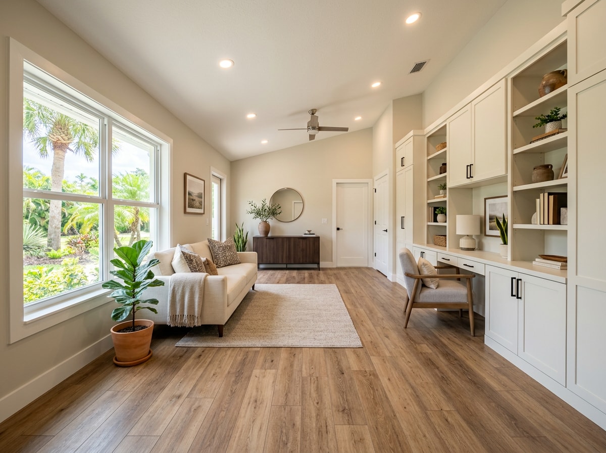 Finished garage-to-living-space conversion in a Weston, FL home with new flooring and built-in storage