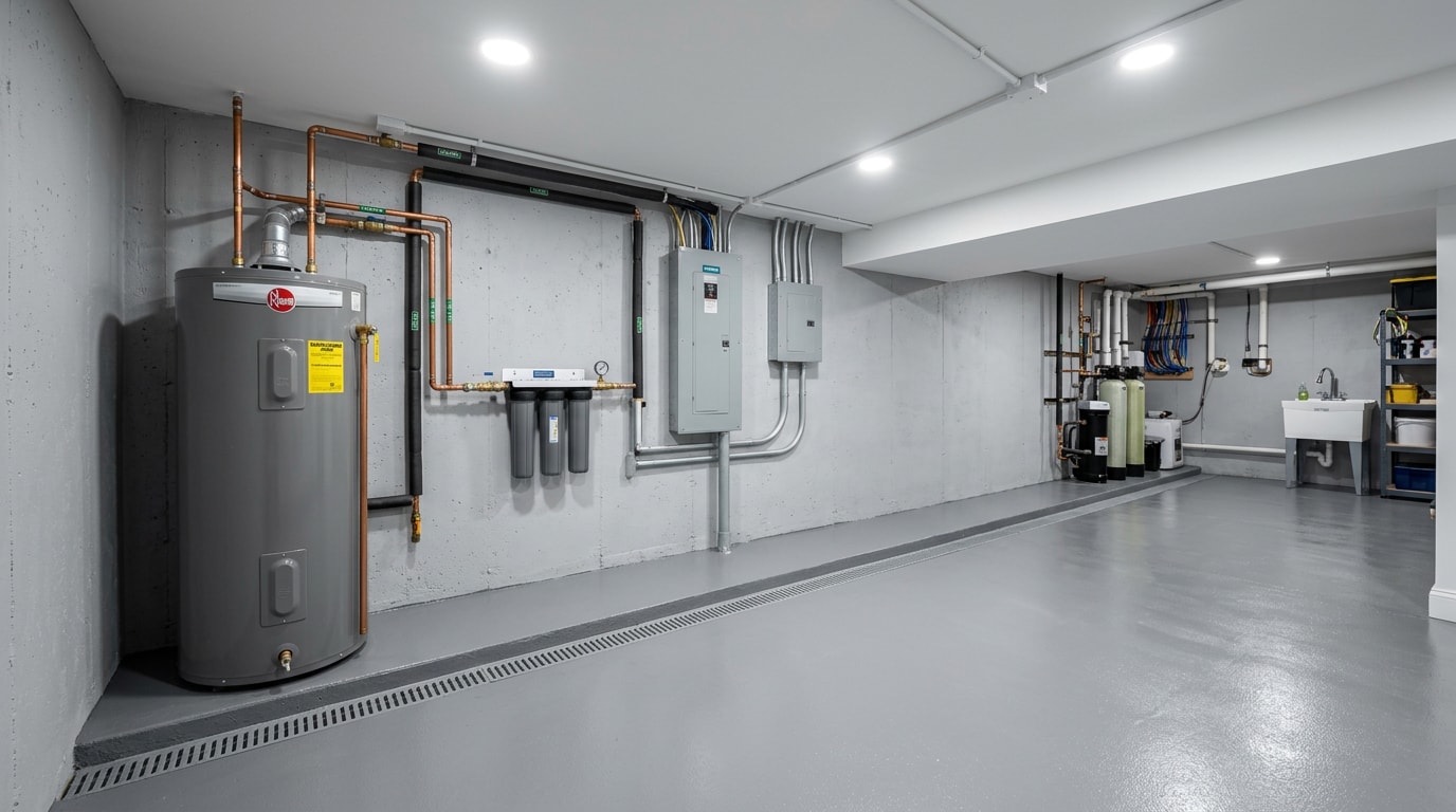 Finished and waterproofed below-grade mechanical room in a South Florida home