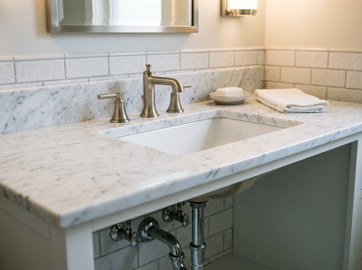 Polished marble vanity top with natural veining installed in a Kendall bathroom
