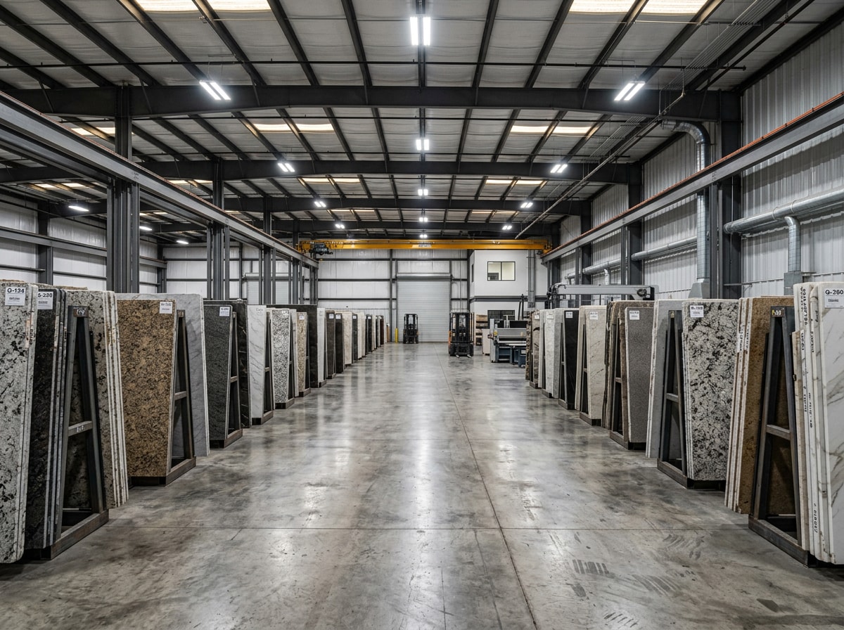 Local stone showroom warehouse with stacked granite and quartz slabs for bathroom countertops in Kendall, FL