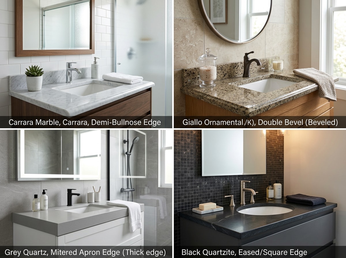 Grid of before-and-after thumbnail photos showing completed bathroom countertop projects and vanity top styles