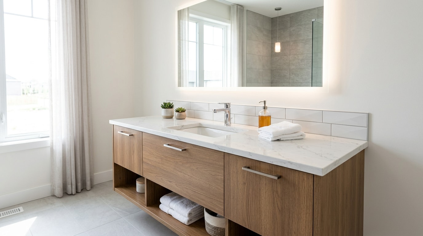 Finished bathroom vanity with quartz countertop in a Kendall, FL home