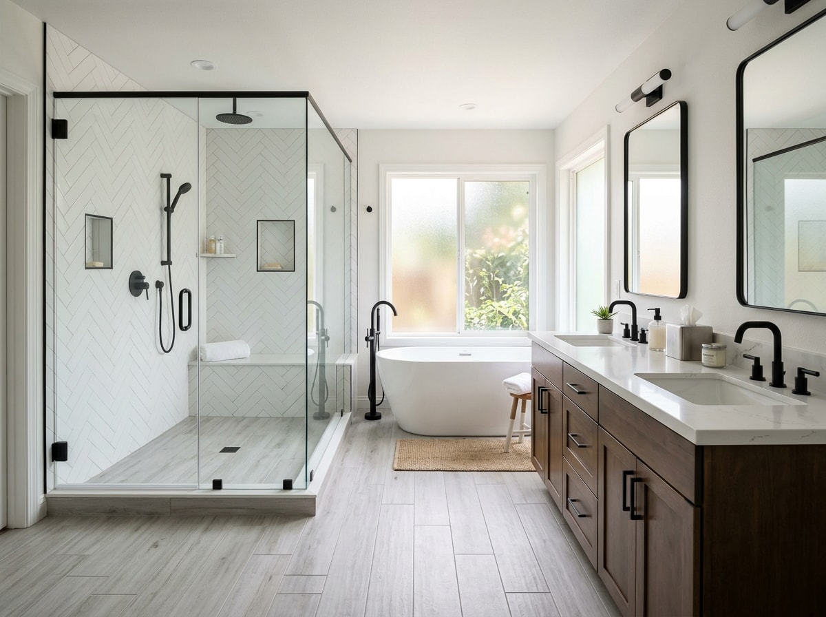 Remodeled primary bathroom with double vanity, freestanding soaking tub, and large walk-in shower