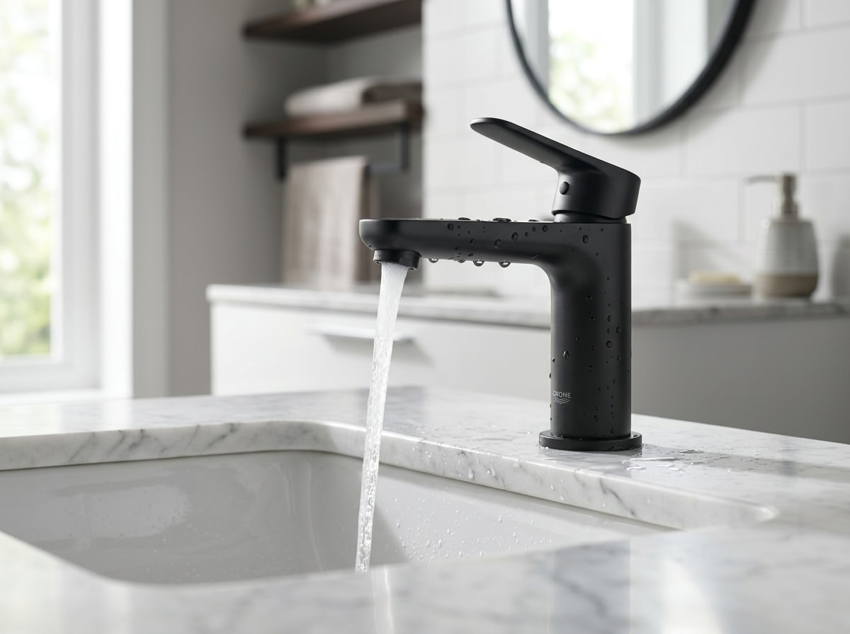 Close-up of a modern water-efficient bathroom faucet installed over a floating vanity