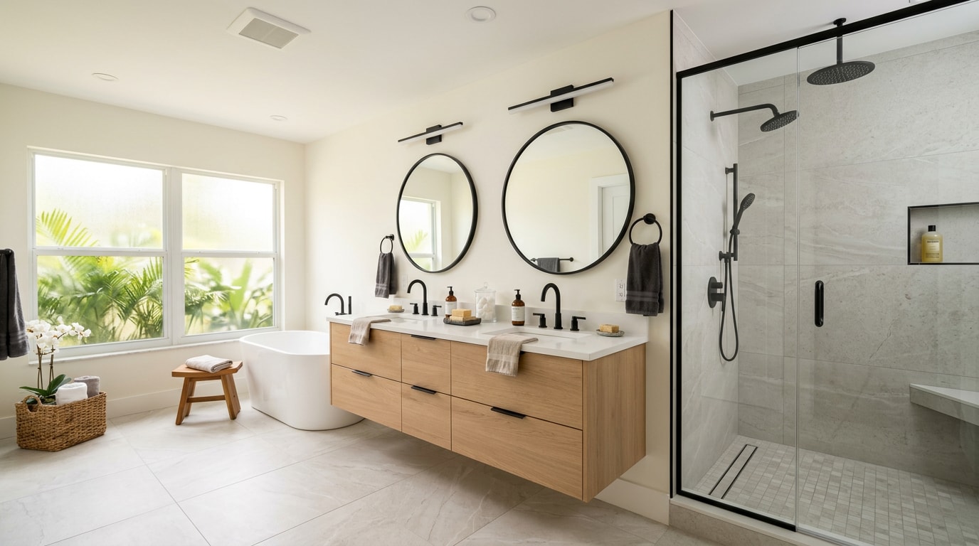 Finished modern bathroom remodel with double vanity and walk-in glass shower in a Palmetto Bay home Finished modern bathroom remodel with double vanity and walk-in glass shower in a Palmetto Bay home