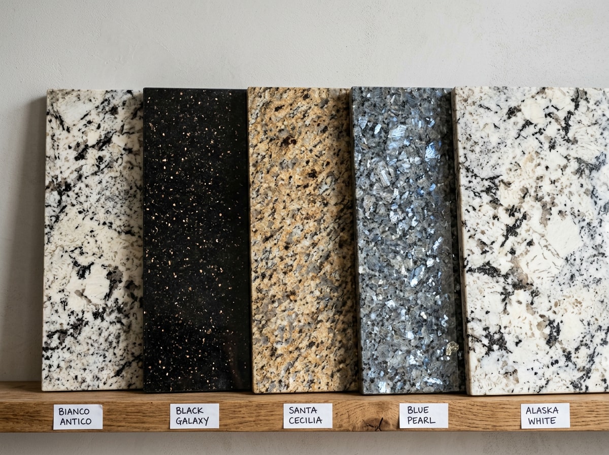 Granite slab samples in a range of bathroom vanity colors