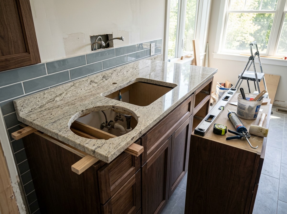 Granite vanity top set on cabinetry during a bathroom installation
