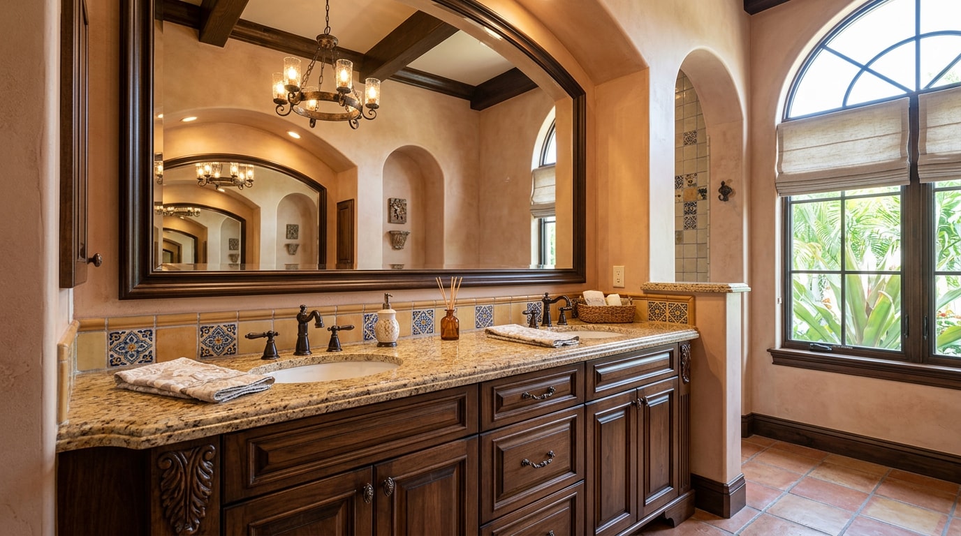 Finished granite bathroom vanity countertop in a Coral Gables style home