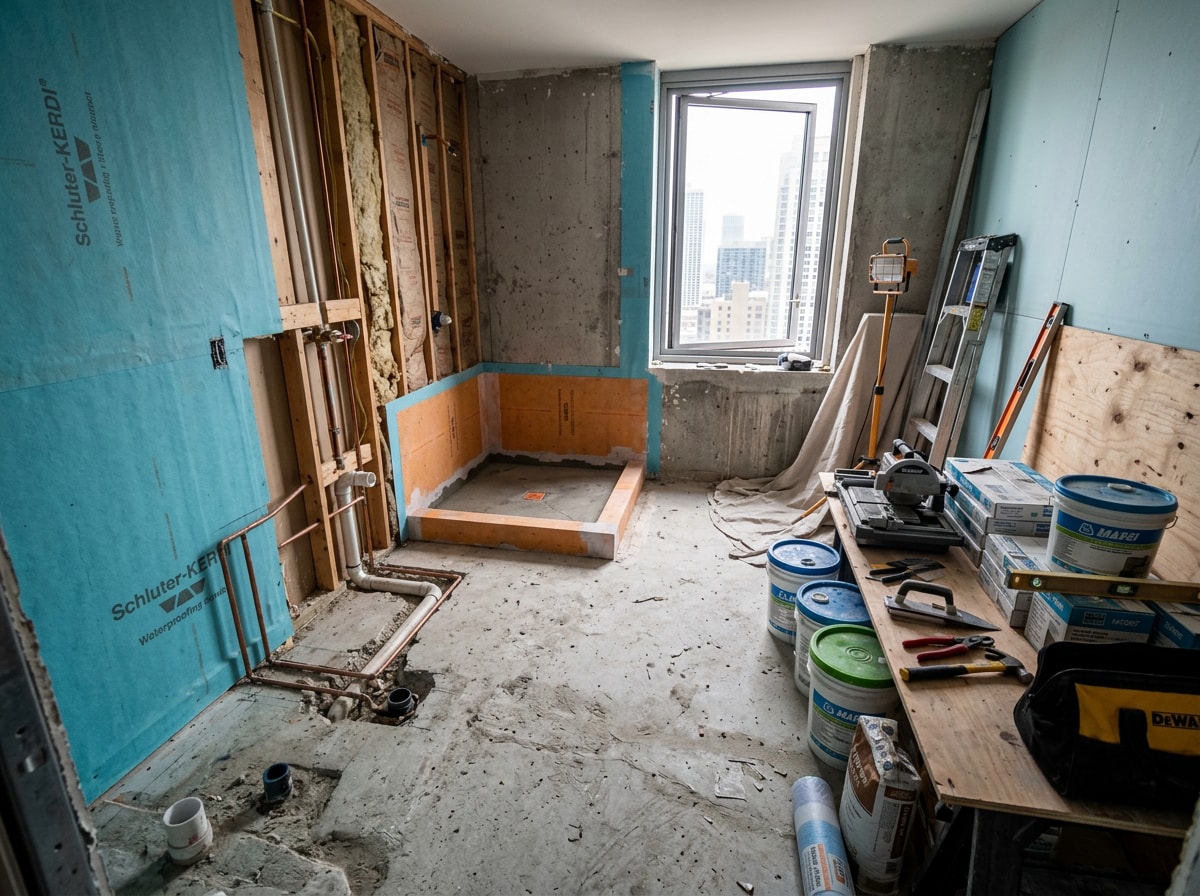City of Miami high-rise condo bathroom mid-renovation showing demolition and exposed plumbing