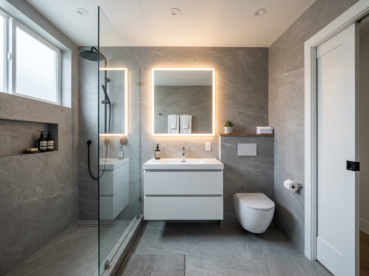 Small Brickell condo bathroom with wall-hung vanity, large-format tile, and frameless glass shower