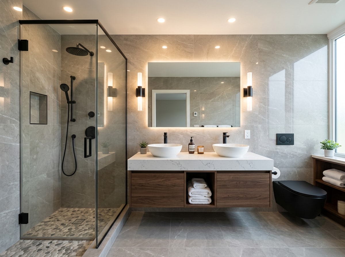 Finished Brickell condo bathroom remodel with large-format tile, floating vanity, and frameless glass shower