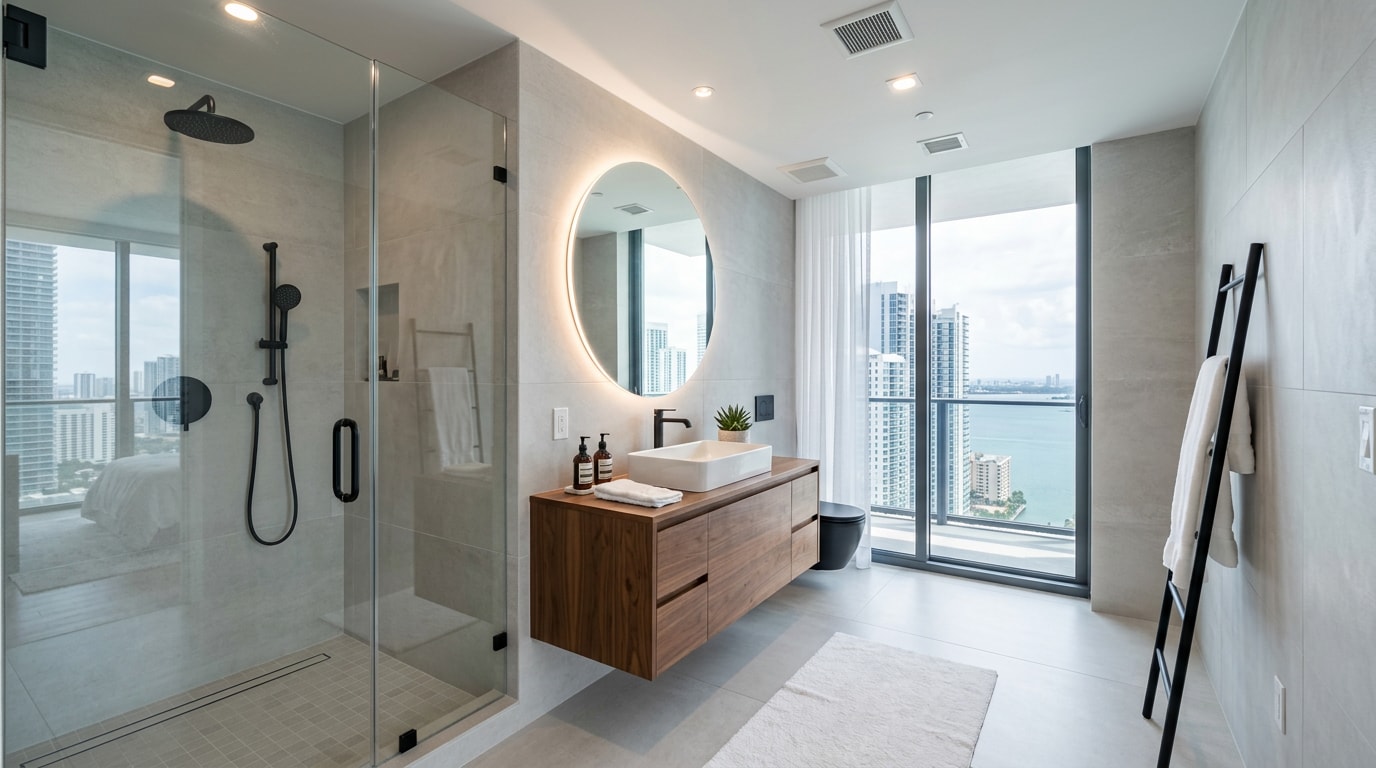 Modern bathroom remodel in a Brickell condo high-rise with glass shower and large-format tile Modern bathroom remodel in a Brickell condo high-rise with glass shower and large-format tile