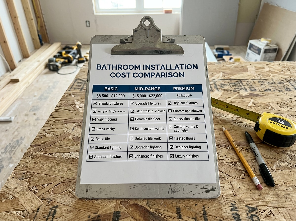 Comparison chart showing basement bathroom installation cost 2026 across national average, Florida-adjusted, and Miami Beach local pricing tiers
