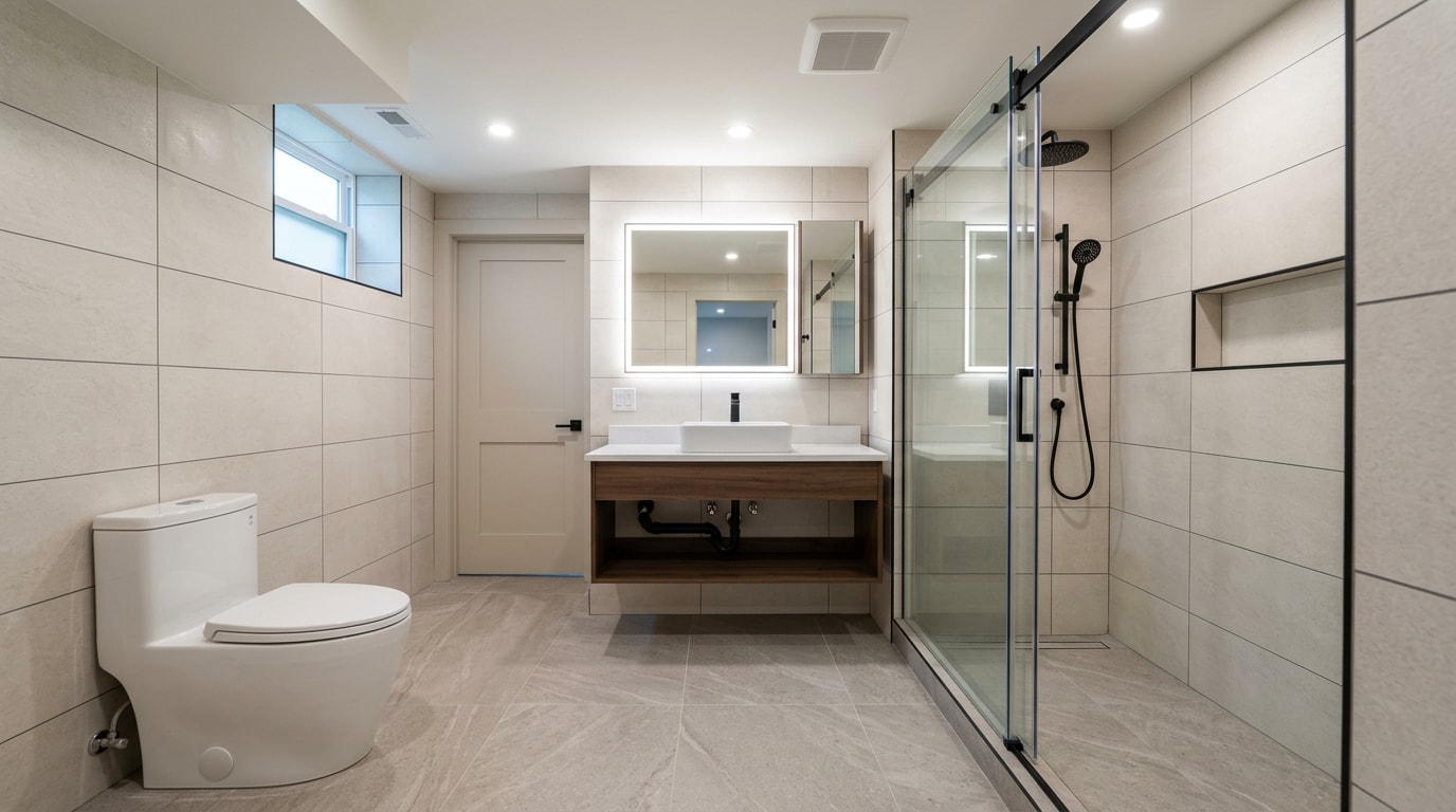 Finished below-grade bathroom addition with waterproofed walls and moisture-resistant tile in a Miami Beach home