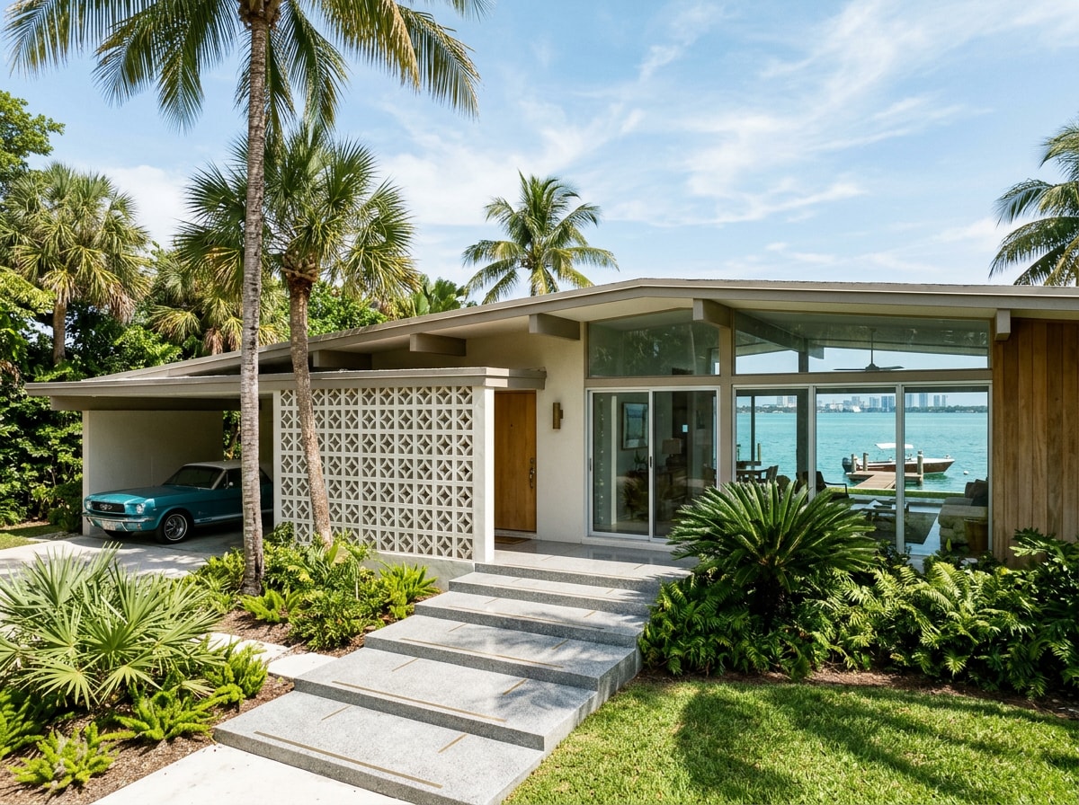 Waterfront Key Biscayne home exterior showing mid-century architectural details