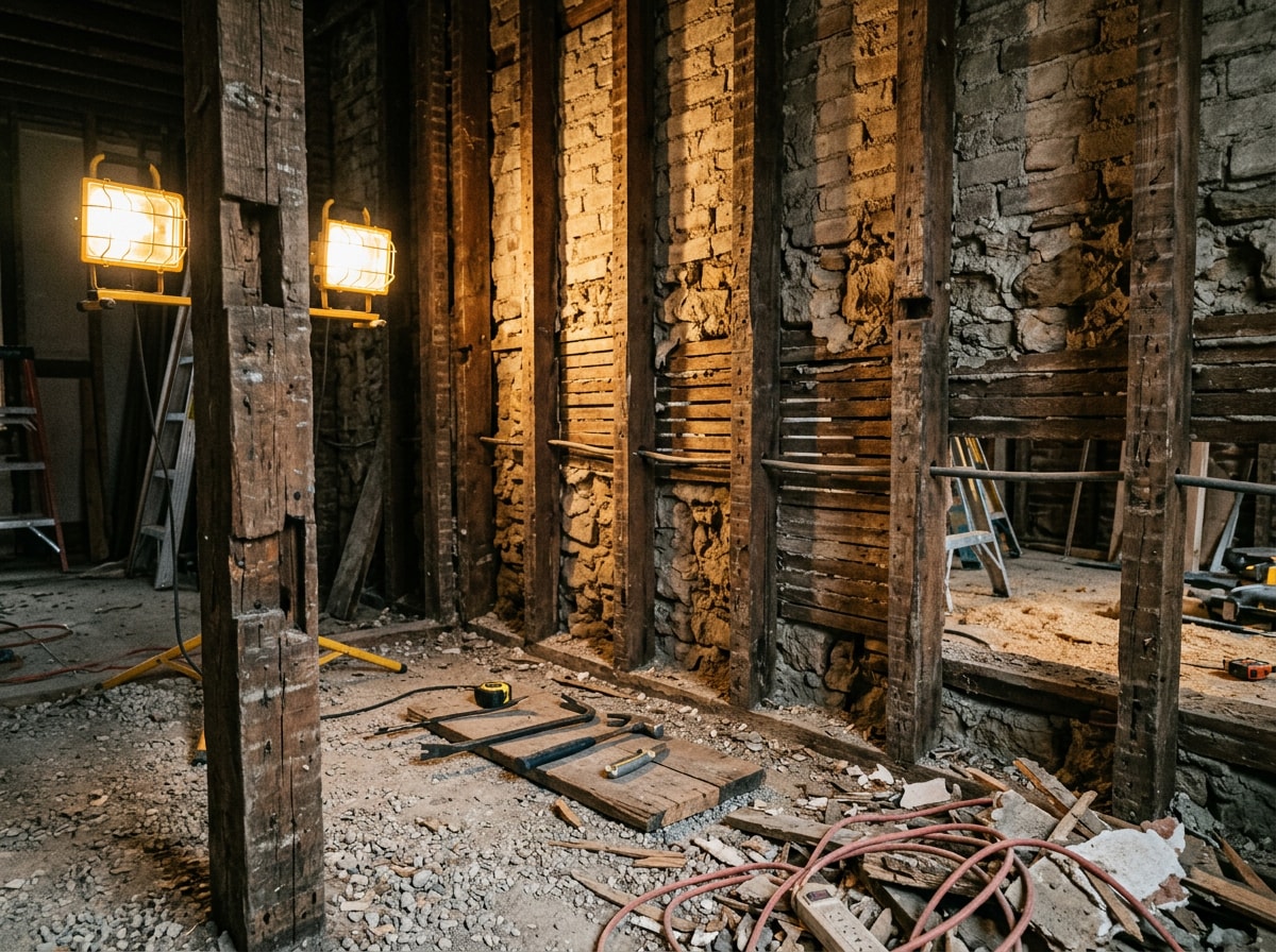 Exposed original wall framing revealed during a historic home renovation in progress