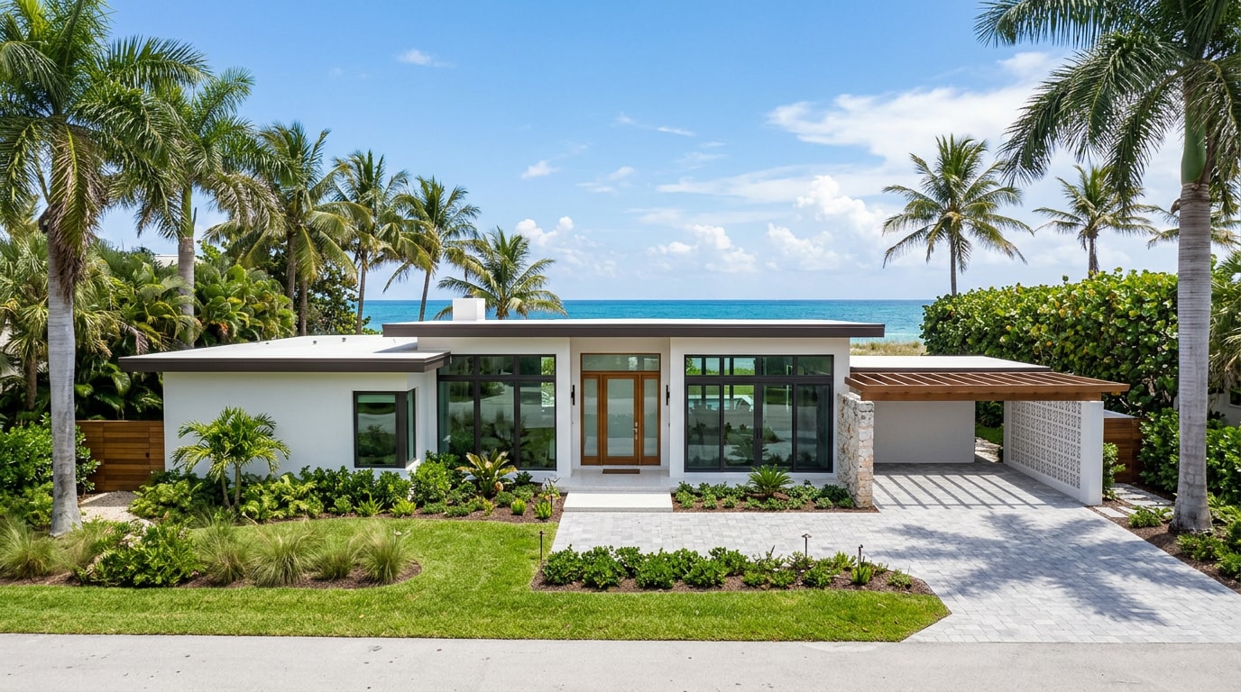 Renovated historic mid-century home exterior in Key Biscayne, Florida