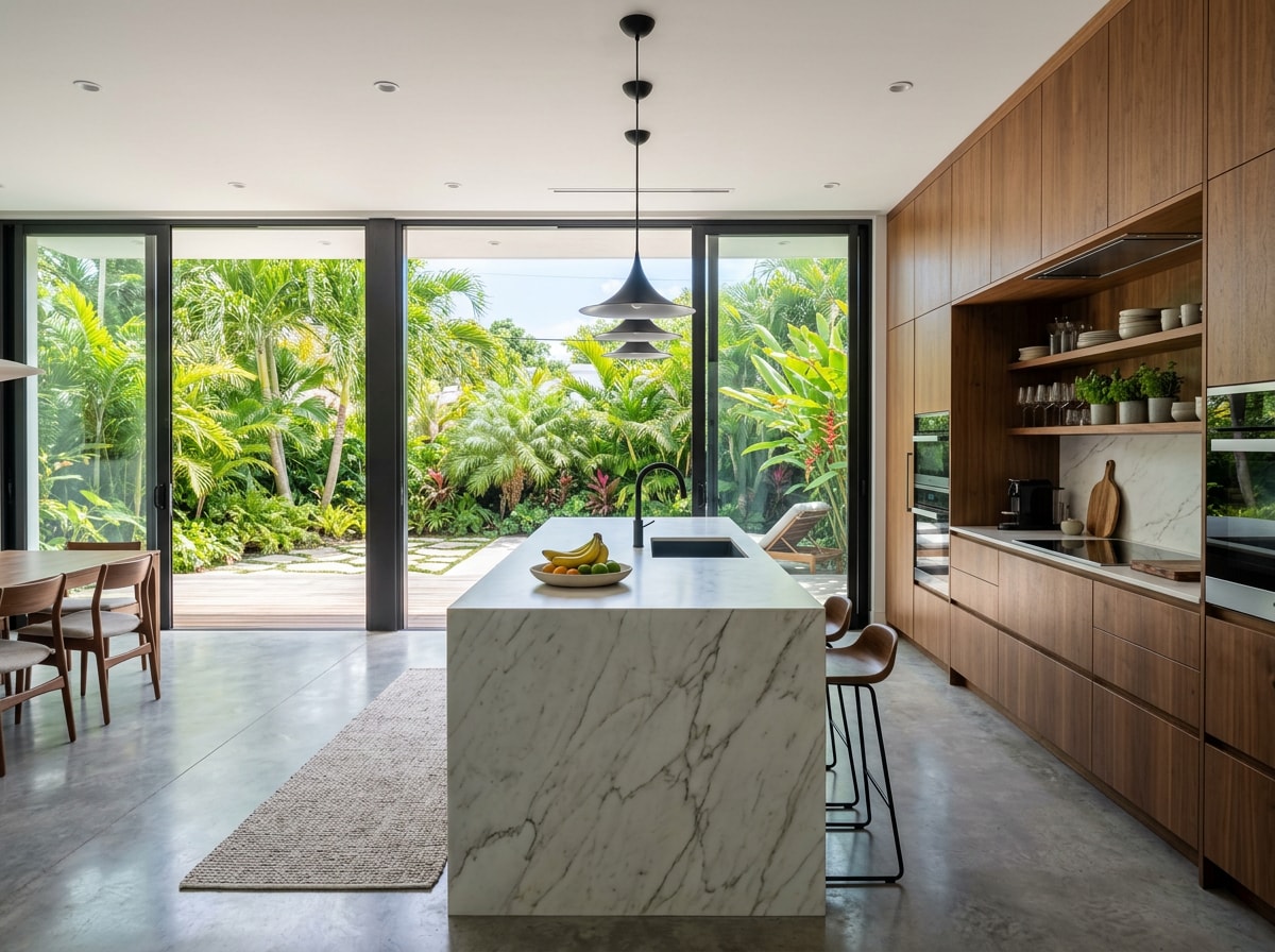 Open-plan Coconut Grove kitchen with large island and sightline to outdoor patio greenery