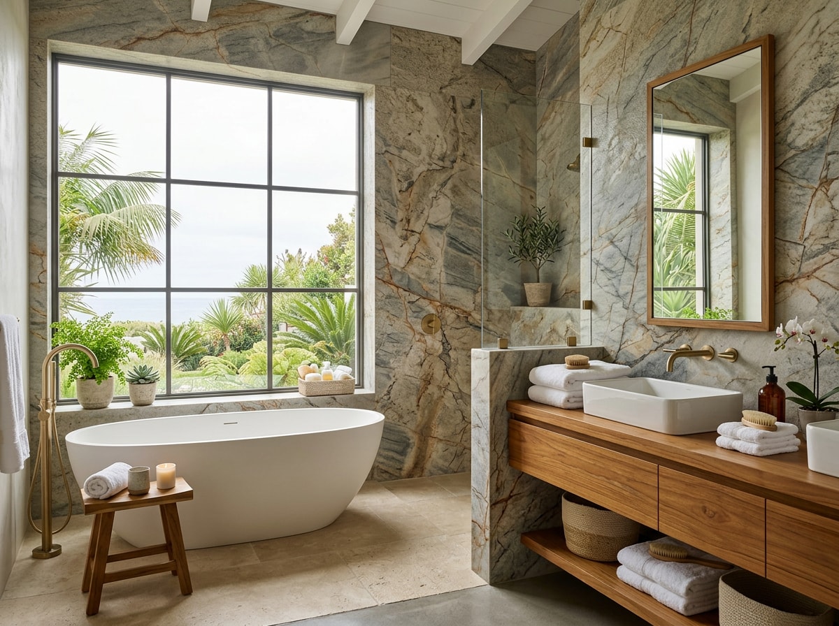 Spa-like Coconut Grove bathroom featuring natural stone and teak accents with marine-grade sealing