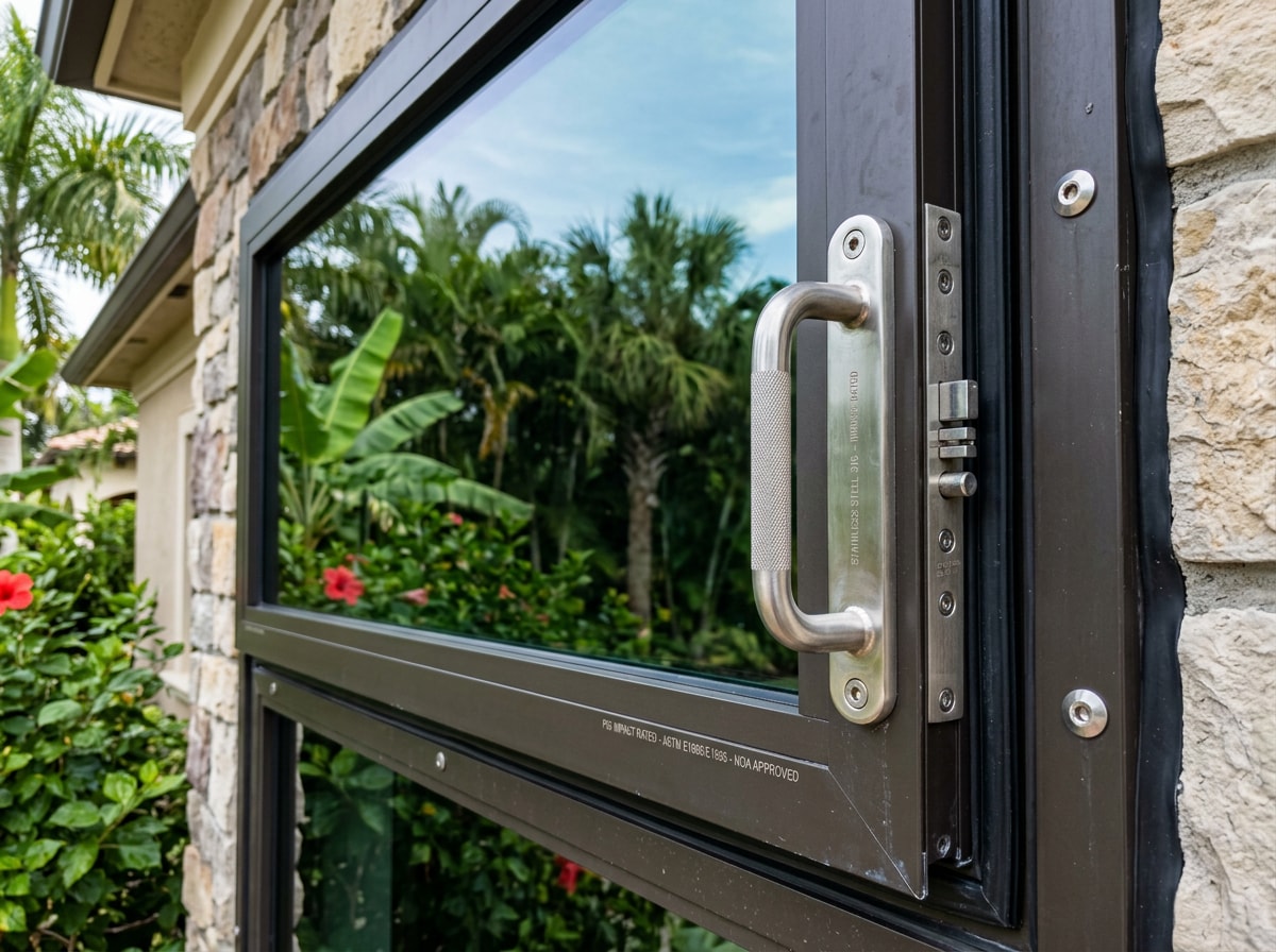 Close-up of hurricane-resistant impact windows and marine-grade hardware used in Coconut Grove home remodeling