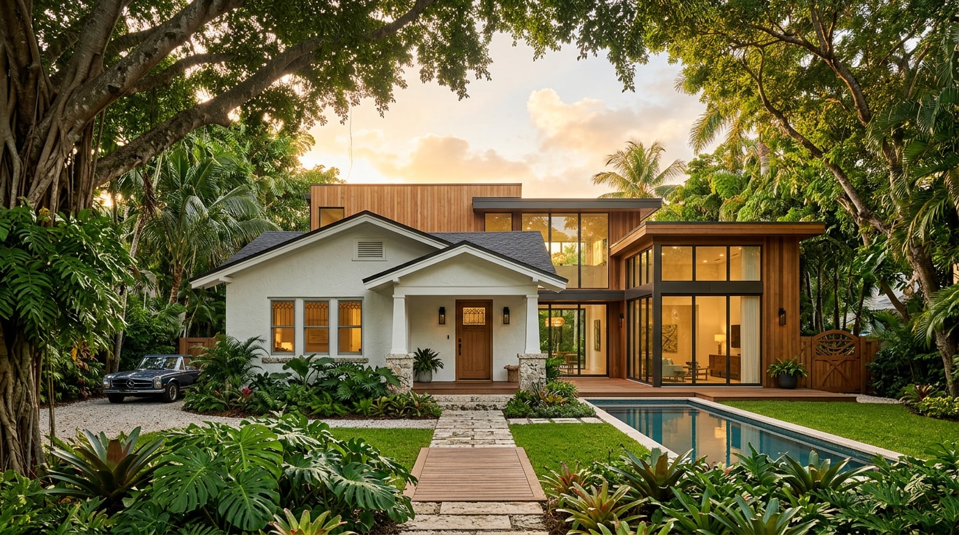 Renovated Coconut Grove home exterior blending historic and modern architecture under tropical tree canopy