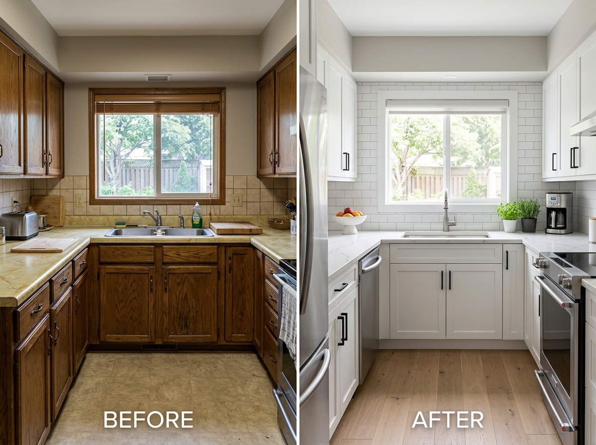 Before and after kitchen remodel in a Miramar, FL home showing new custom cabinets and quartz countertops