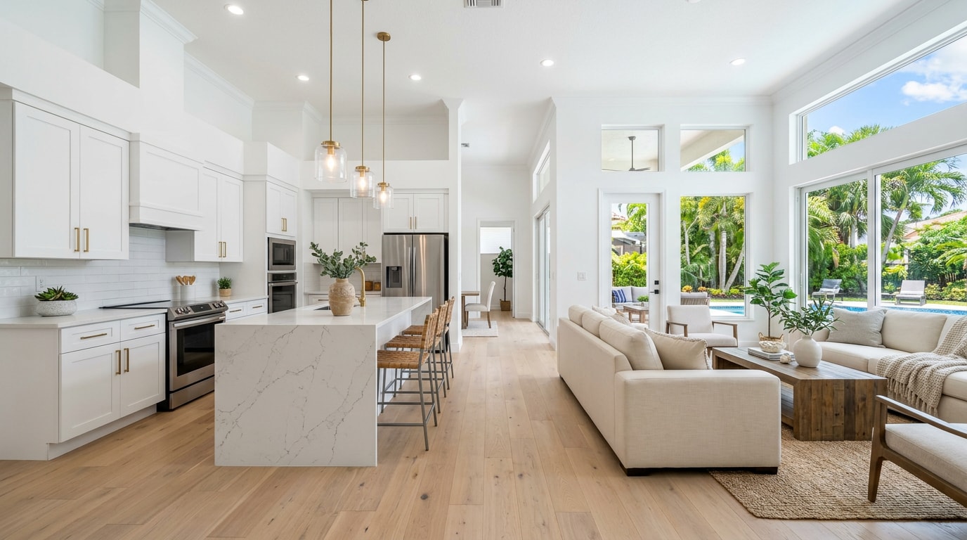 Fully renovated open-concept kitchen and living space in a Miramar, FL home Fully renovated open-concept kitchen and living space in a Miramar, FL home