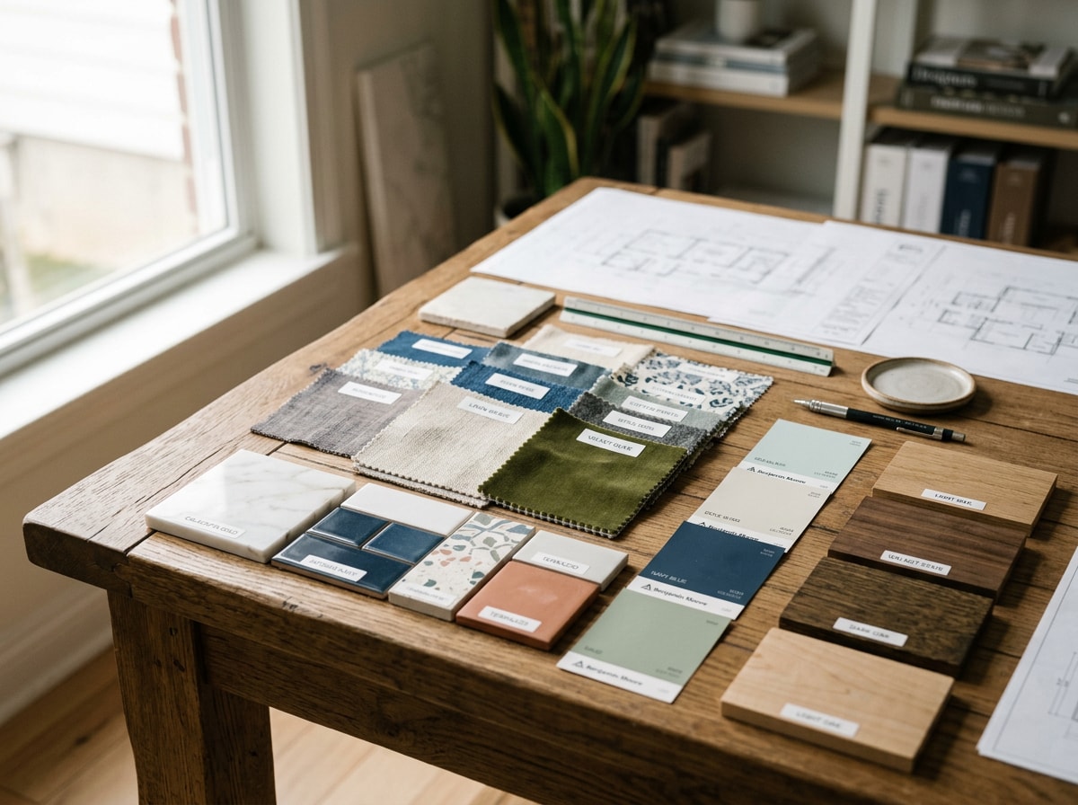 Interior design studio table with fabric swatches, tile samples, and finish boards laid out for a renovation project