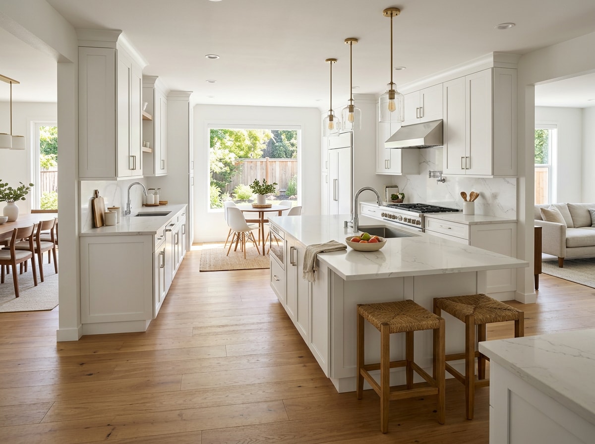 Finished open-concept kitchen remodel with a widened island, pendant lighting, and custom cabinetry in a Pembroke Pines home
