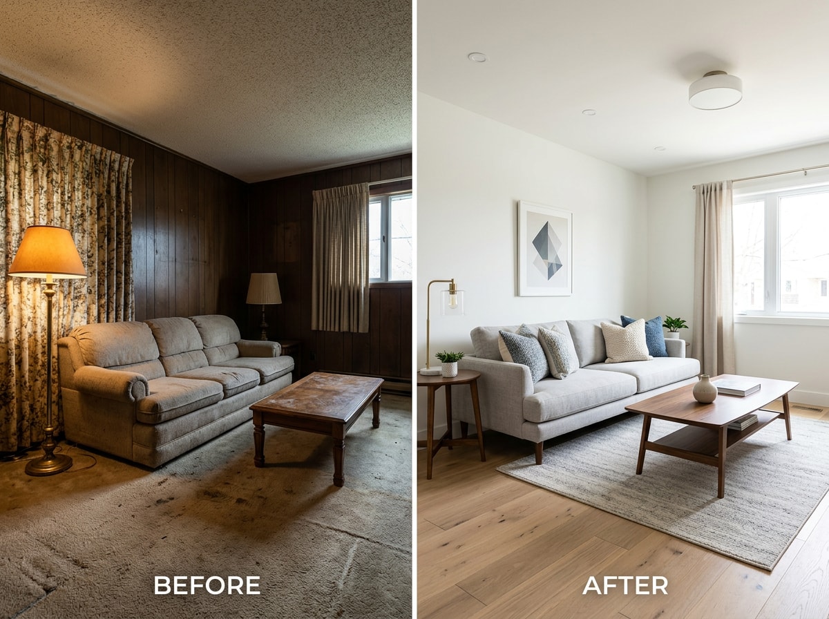 Before and after view of a renovated living room showing an updated open layout and finishes