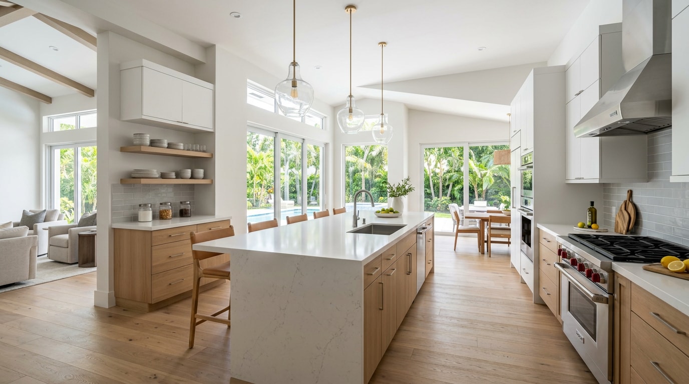 Finished modern kitchen renovation in a Pembroke Pines, FL home with a large island and pendant lighting Finished modern kitchen renovation in a Pembroke Pines, FL home with a large island and pendant lighting
