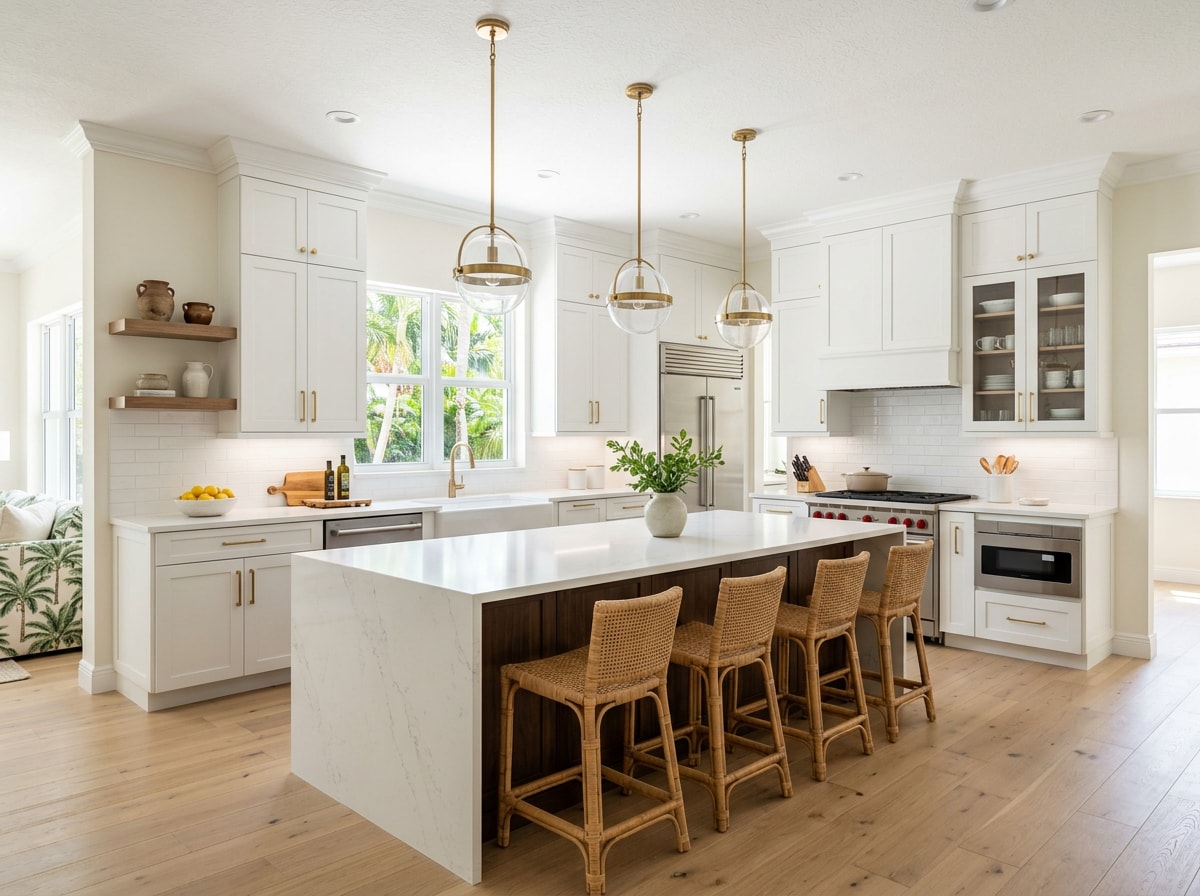 Completed modern kitchen renovation in a South Miami home with quartz countertops and custom cabinetry