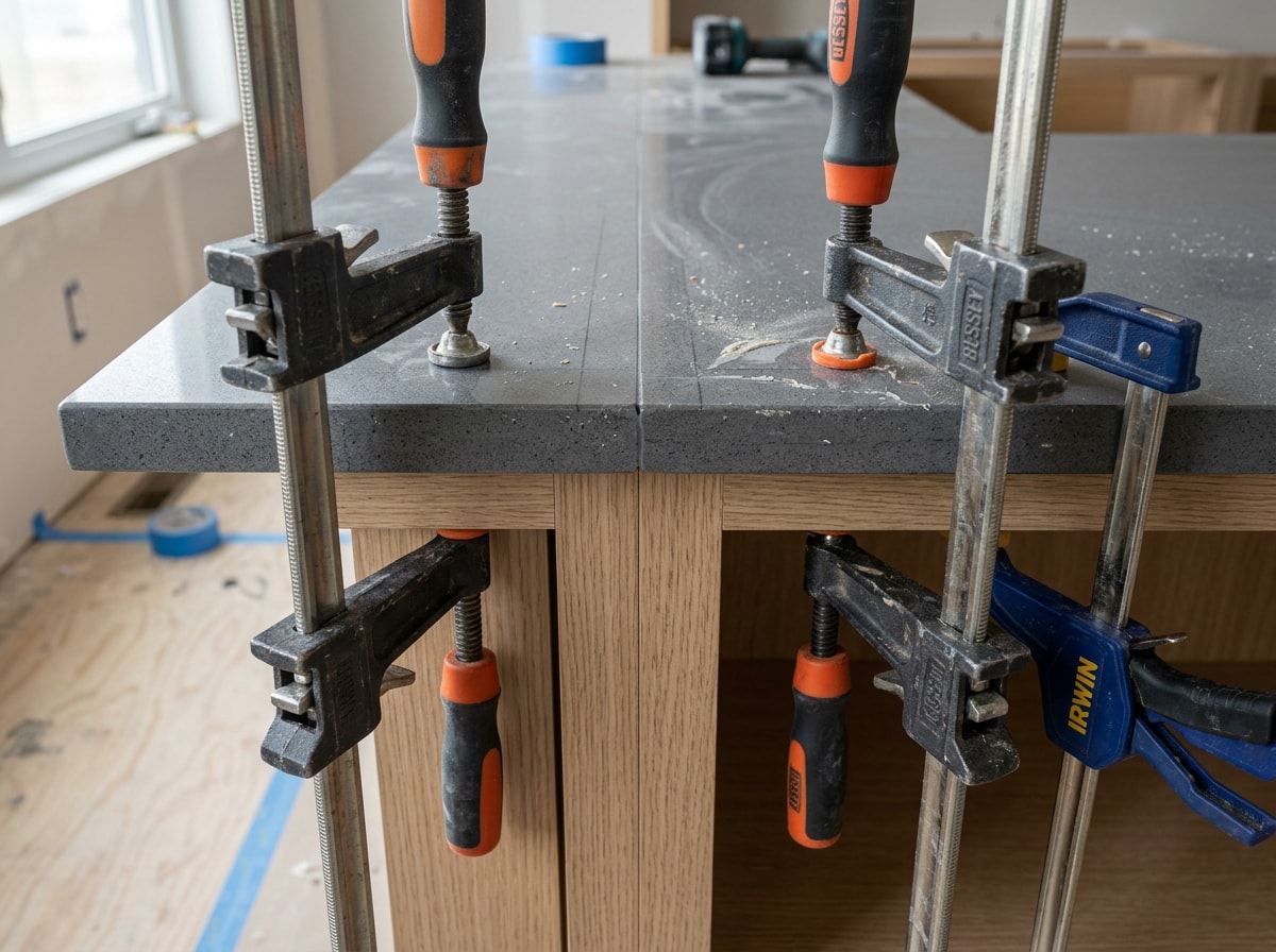Close-up of humidity-resistant kitchen cabinets and quartz countertop installation in South Miami