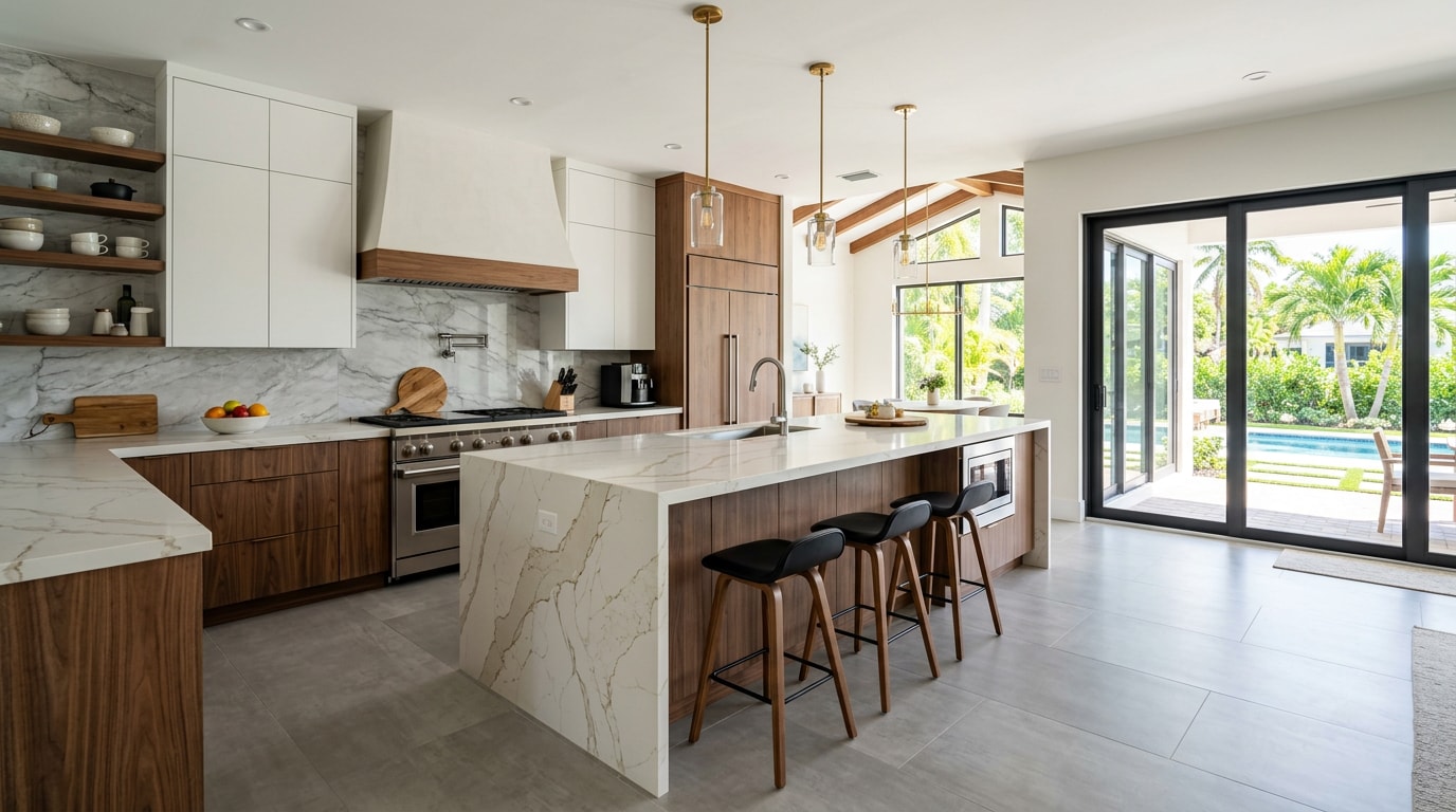 Finished modern kitchen renovation in a South Miami home with waterfall island and custom cabinetry