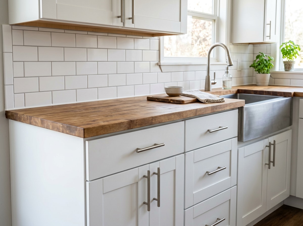 Budget kitchen remodel in a mobile home with refaced cabinets, laminate countertops, and peel-and-stick backsplash