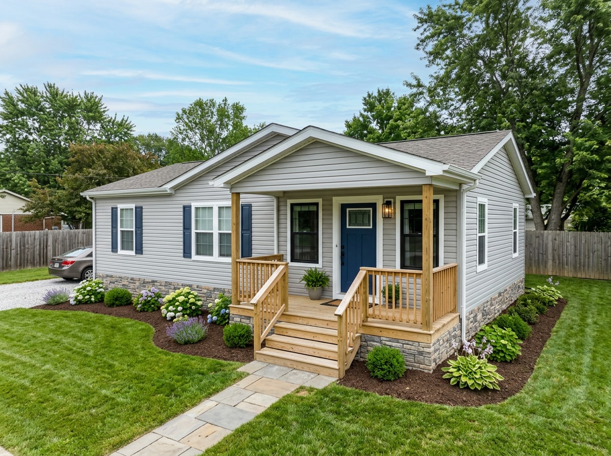 Mobile home exterior with new skirting and a refreshed front door for improved curb appeal