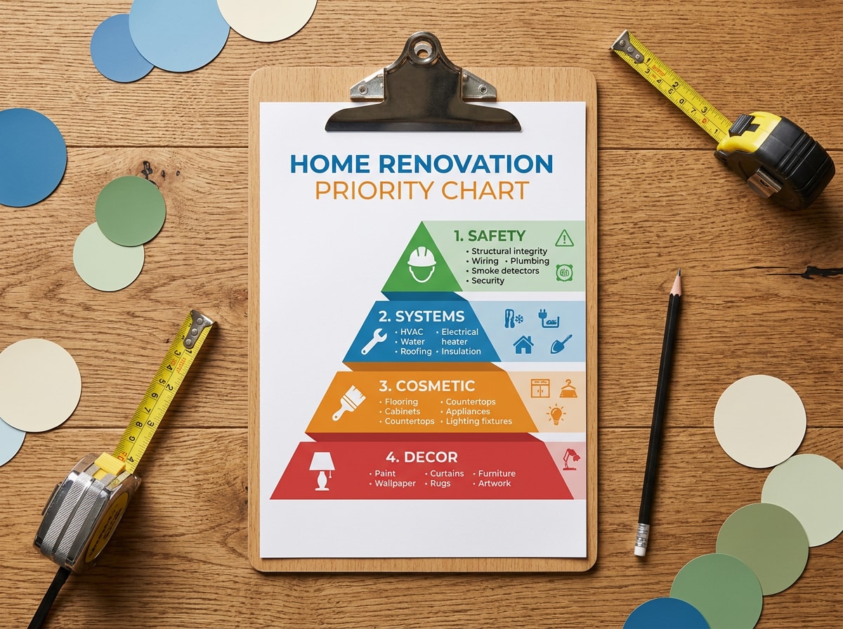 Priority chart showing the recommended spending order for a mobile home remodel, from structural repairs to décor