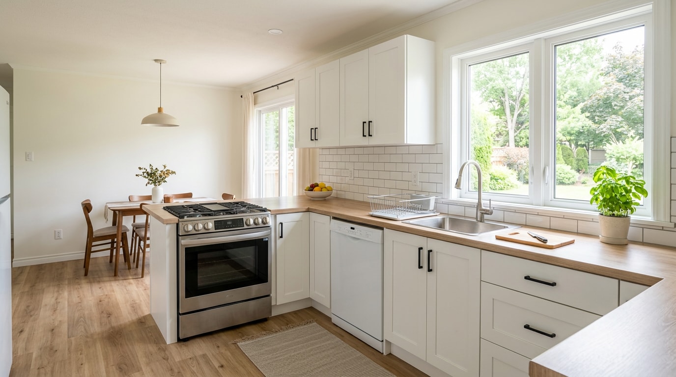 Renovated mobile home kitchen with refaced white cabinets and new countertop Renovated mobile home kitchen with refaced white cabinets and new countertop