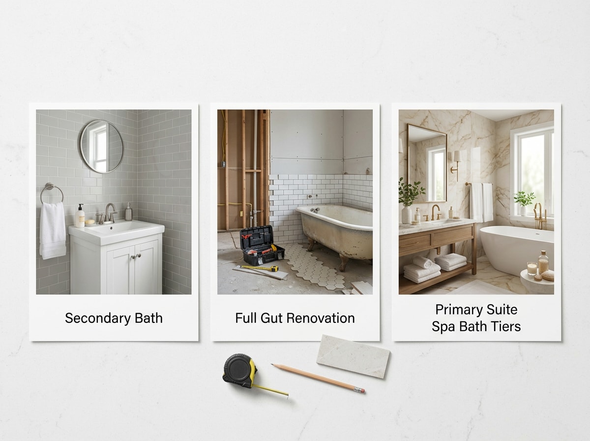 Cost-tier comparison chart showing secondary bathroom, full gut, and primary suite plumbing remodel pricing