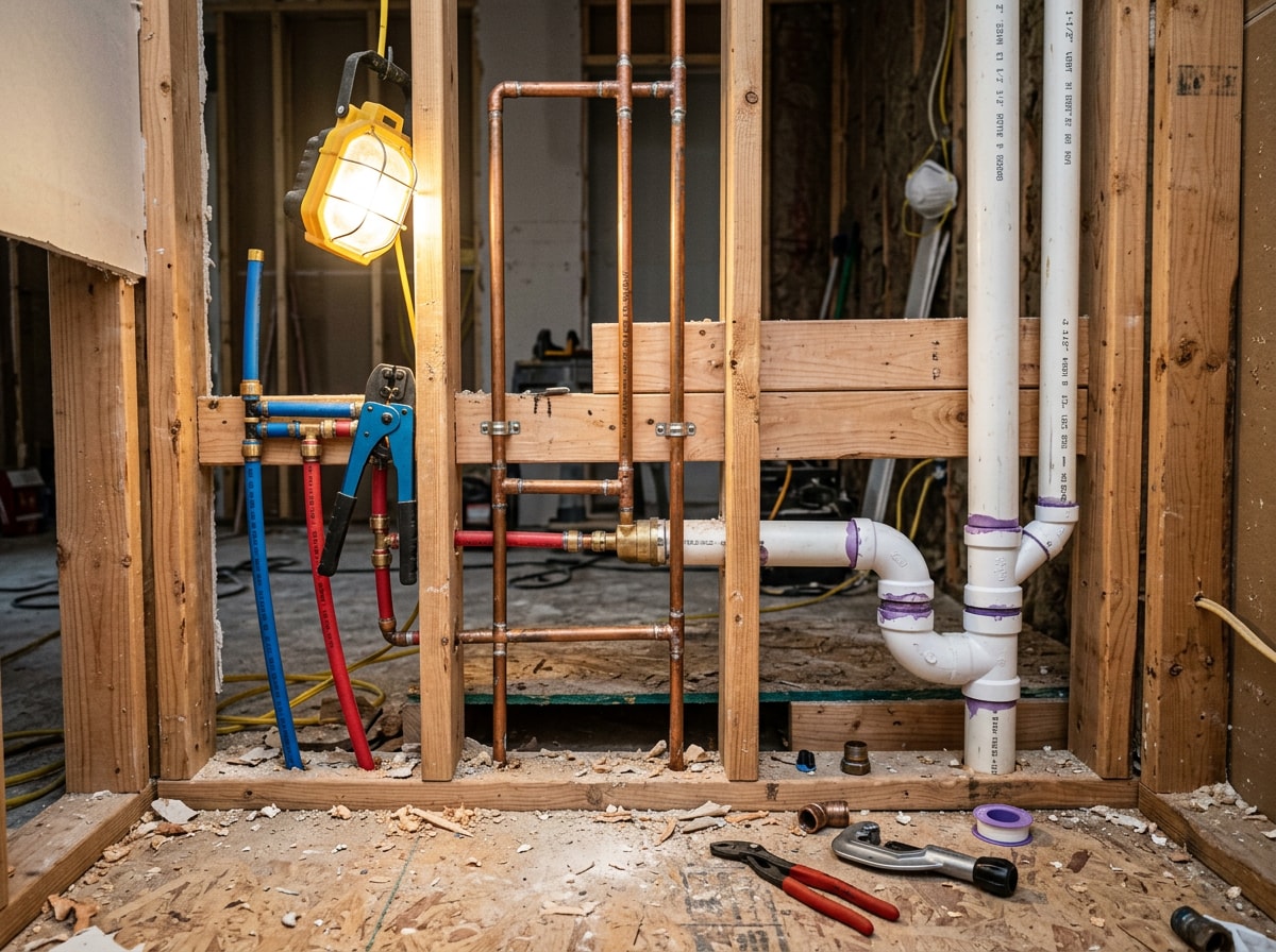 Licensed plumber completing rough-in plumbing work during a Pinecrest, FL bathroom remodel