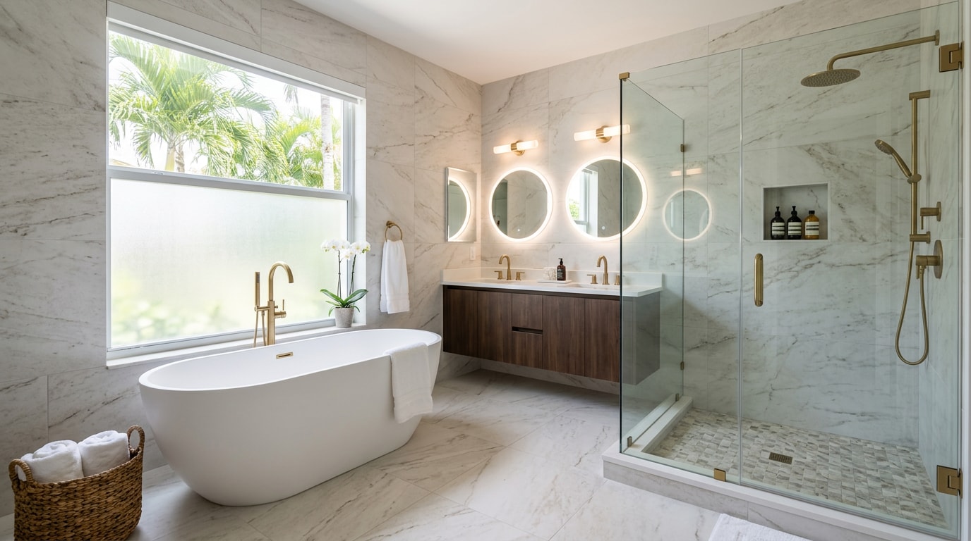 Finished primary bathroom remodel with freestanding tub and rain shower in a Pinecrest, FL home Finished primary bathroom remodel with freestanding tub and rain shower in a Pinecrest, FL home
