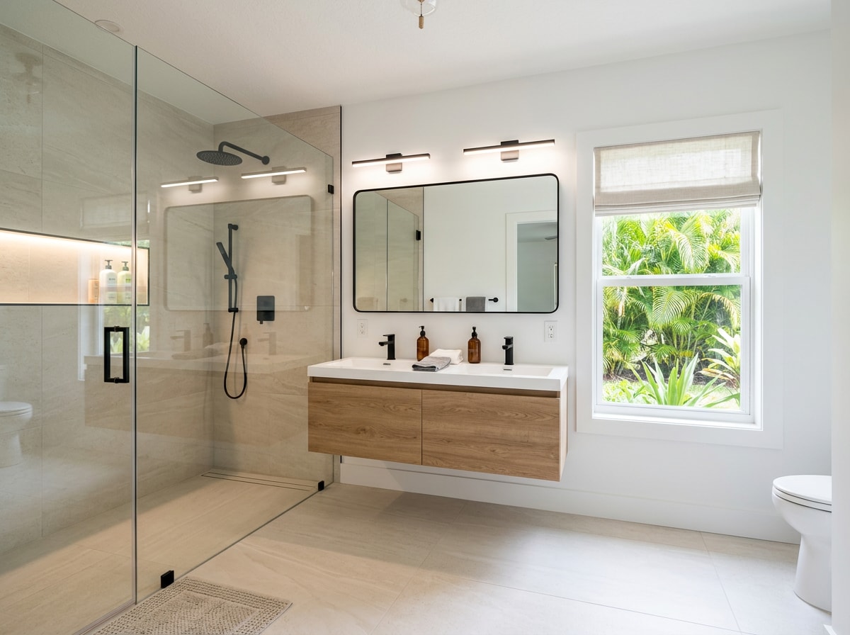 Finished bathroom remodel in Doral, FL with a frameless glass shower, floating vanity, and matte black plumbing fixtures
